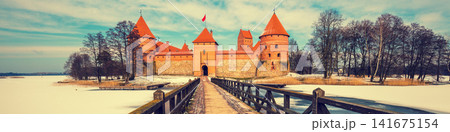 Path to ancient Trakai castle in winter, Lithuania. Path to ancient Trakai castle in winter, Lithuania. 141675154