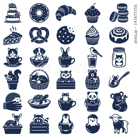 Set of cute animal and bakery vector icons featuring delicious treats and friendly forest creatures 141675358