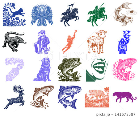 Set of diverse vector icons featuring animals and fantasy creatures in detailed line art style Set of diverse vector icons featuring animals and fantasy creatures in detailed line art style 141675387