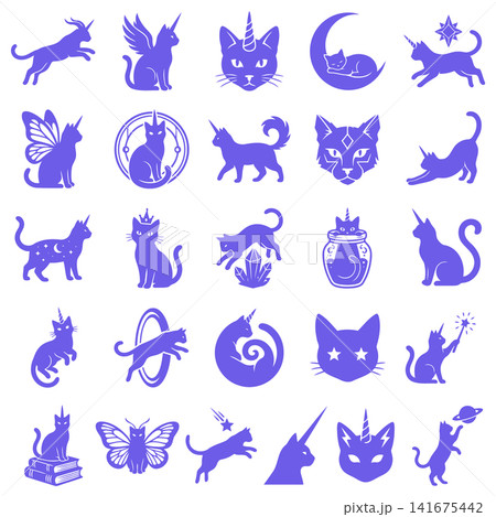 Set of magical unicorn cat vector icons featuring celestial themes and mythical creatures for creative projects Set of magical unicorn cat vector icons featuring celestial themes and mythical creatures for creative projects 141675442