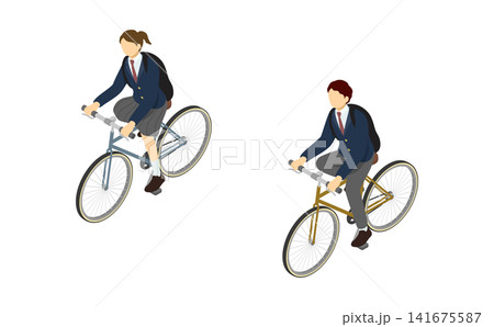 アイソメトリックイラスト：自転車に乗る高校生男女(前 冬服) 141675587