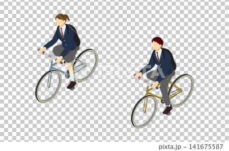 アイソメトリックイラスト：自転車に乗る高校生男女(前 冬服) 141675587