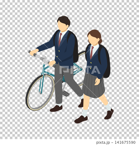等距插圖：高中情侶步行（穿著冬季服裝） 141675590