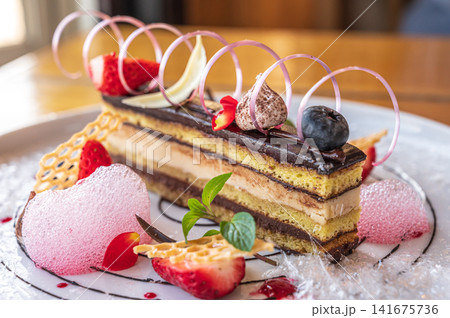 苺と生クリームを添えたショコラケーキ、デザート盛り付け 苺と生クリームを添えたショコラケーキ、デザート盛り付け 141675736
