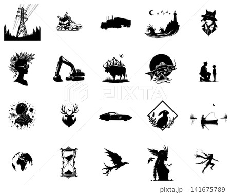 Silhouette illustration of a high voltage electric pylon standing in a dense pine forest landscape 141675789