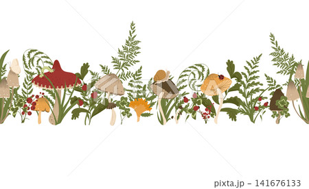 Mushroom border. Vector masking tapes with autumn mushrooms, fern leaves, berries. Seamless fall border with forest harvest. Adhesive tape design. White backgrounds. Mushroom border. Vector masking tapes with autumn mushrooms, fern leaves, berries. Seamless fall border with forest harvest. Adhesive tape design. White backgrounds. 141676133