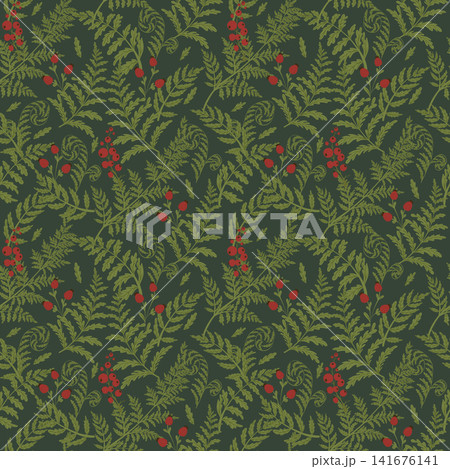 Seamless pattern with fern leaves, currant; hawthorn; rosehip. Small red wild berries vector illustration. Forest template for textile, wallpaper, paper. Dark background. Seamless pattern with fern leaves, currant; hawthorn; rosehip. Small red wild berries vector illustration. Forest template for textile, wallpaper, paper. Dark background. 141676141