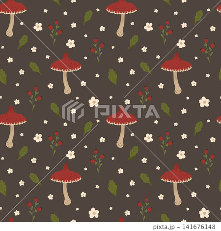 Mushrooms autumn seamless pattern. Natural print. Vector illustration with fly agaric, small abstract flowers, rosehip berries and leaves. Cottagecore, goblincore aesthetics. Trendy modern art, Mushrooms autumn seamless pattern. Natural print. Vector illustration with fly agaric, small abstract flowers, rosehip berries and leaves. Cottagecore, goblincore aesthetics. Trendy modern art, 141676148