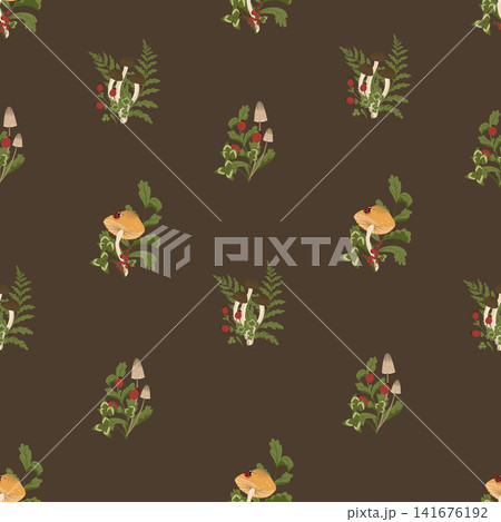 Autumn mushrooms seamless pattern. Vector illustration with fern leaves, agaric, berries. Cottagecore aesthetics. Template for textile, wallpaper, paper, print. Brown background.  141676192