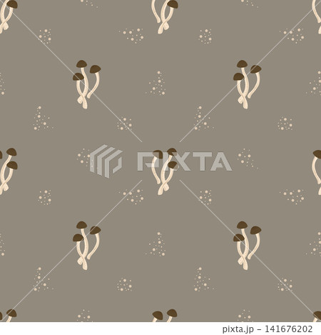 Mushrooms autumn seamless pattern. Vector illustration with shimeji. Cottagecore aesthetics.  Natural trendy print.  Modern art, hand drawn, flat design. 141676202