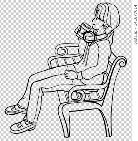 ベンチに座ってコーヒーを飲む若い男性 線画 ベンチに座ってコーヒーを飲む若い男性 線画 141677014