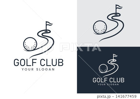 Minimalist Golf Ball and Winding Fairway Flag Mono line Logo for Golf Club Branding Minimalist Golf Ball and Winding Fairway Flag Mono line Logo for Golf Club Branding 141677459