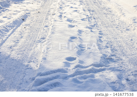 Snow covered winter road with tire tracks and footprints 141677538