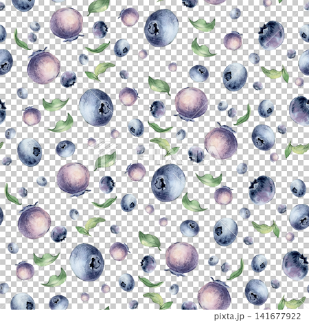 Watercolor bright berries and green leaves seamless pattern isolated on white. Repeat textile print design for summer wallpaper or wrapping paper. Blueberry superfood hand drawn endless background. 141677922