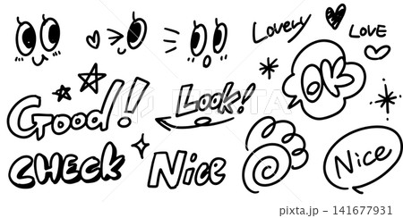 かわいくておしゃれな手書きの文字 表情 矢印 ハート セット かわいくておしゃれな手書きの文字 表情 矢印 ハート セット 141677931