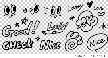 かわいくておしゃれな手書きの文字 表情 矢印 ハート セット かわいくておしゃれな手書きの文字 表情 矢印 ハート セット 141677931