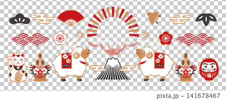 2027 Year of the Sheep New Year's card banner illustration: Sheep and Mount Fuji design 2027 Year of the Sheep New Year's card banner illustration: Sheep and Mount Fuji design 141678467
