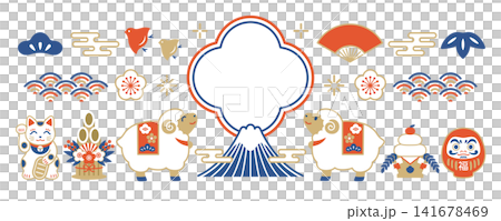 2027 Year of the Sheep New Year's card banner illustration: Sheep and Mount Fuji design 2027 Year of the Sheep New Year's card banner illustration: Sheep and Mount Fuji design 141678469