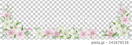 水彩插畫，邊框為白色和粉紅色百合花。 141678516
