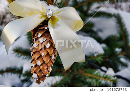 A natural photo shows a tree in snow with decorations. A pine cone is tied with a ribbon on the tree, capturing the holiday spirit outdoors A natural photo shows a tree in snow with decorations. A pine cone is tied with a ribbon on the tree, capturing the holiday spirit outdoors 141678788
