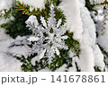 A snowflake ornament is hanging from a green Christmas tree. The tree has snow on its branches. This scene captures the holiday spirit of New Year 141678861
