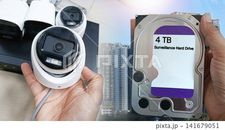 CCTV cameras and surveillance equipment in the area displaying images of high-rise buildings have space for text. CCTV cameras and surveillance equipment in the area displaying images of high-rise buildings have space for text. 141679051