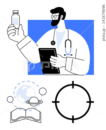 Healthcare, research, education, innovation, medical science, global studies. A doctor examines a vial while holding a tablet. Healthcare and research contextualized in medical and educational Healthcare, research, education, innovation, medical science, global studies. A doctor examines a vial while holding a tablet. Healthcare and research contextualized in medical and educational 141679096
