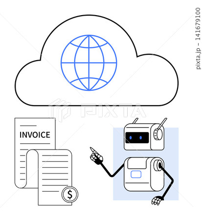 Cloud computing, AI automation, digital payments, financial technology, invoice processing, innovation. Robot pointing at invoice with dollar icon and cloud. Cloud computing and AI automation concept Cloud computing, AI automation, digital payments, financial technology, invoice processing, innovation. Robot pointing at invoice with dollar icon and cloud. Cloud computing and AI automation concept 141679100