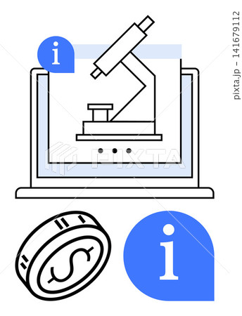Online learning, scientific innovation, research funding, education technology, data analysis, information sharing. Microscope on a laptop with dollar coin and info icons. Online learning Online learning, scientific innovation, research funding, education technology, data analysis, information sharing. Microscope on a laptop with dollar coin and info icons. Online learning 141679112