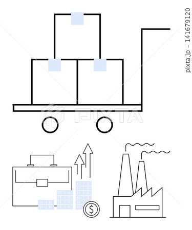 Logistics, supply chain, manufacturing, business growth, cargo management, industrial operations. Handcart with boxes, factory with smoke and data growth icons. Logistics and supply chain concepts Logistics, supply chain, manufacturing, business growth, cargo management, industrial operations. Handcart with boxes, factory with smoke and data growth icons. Logistics and supply chain concepts 141679120