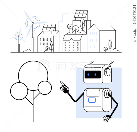Renewable energy, sustainability, AI technology, smart cities, environment, future innovation. City with wind turbines, solar panels AI robot pointing. Renewable energy and sustainability concept Renewable energy, sustainability, AI technology, smart cities, environment, future innovation. City with wind turbines, solar panels AI robot pointing. Renewable energy and sustainability concept 141679121