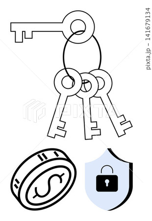 Data security, finance savings, asset protection, online access, authentication, trust. A set of keys, a shield with a lock and a coin with a dollar symbol. Data security and finance savings concept 141679134