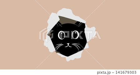 Cute Black Cat Peeking Through Torn Paper Hole Vector 141679303