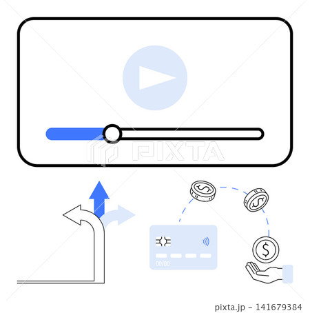Video streaming, financial services, digital payments, e-learning, technology integration, online economy. A video progress bar, arrows a credit card coins and a hand. Online economy and financial Video streaming, financial services, digital payments, e-learning, technology integration, online economy. A video progress bar, arrows a credit card coins and a hand. Online economy and financial 141679384