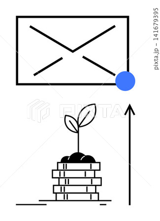 Business development, growth strategy, email marketing, investment, entrepreneurship, financial planning. A mail icon, a plant growing from coins and an upward arrow. Business development and growth 141679395