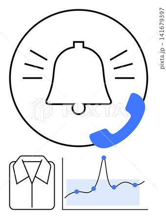 Alerts, business communication, fashion, data analysis, customer service, notifications. Bell icon, phone receiver shirt outline and line graph with plot points. Notifications and business 141679397