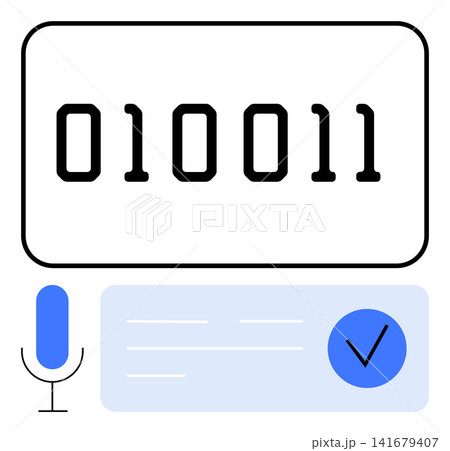 Data security, identity authentication, AI development, digital interaction, speech technology, cybersecurity. Binary code, microphone icon and verification checkmark. Data security and identity Data security, identity authentication, AI development, digital interaction, speech technology, cybersecurity. Binary code, microphone icon and verification checkmark. Data security and identity 141679407