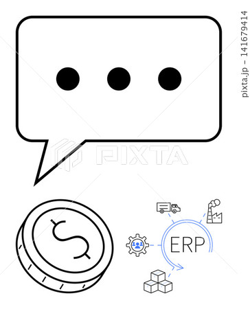 Business management, supply chain, financial systems, ERP software, industry solutions, process automation. Speech bubble, dollar sign ERP graphic elements. Business management and supply chain Business management, supply chain, financial systems, ERP software, industry solutions, process automation. Speech bubble, dollar sign ERP graphic elements. Business management and supply chain 141679414