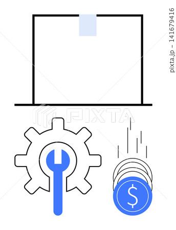 Online shopping, logistics, financial growth, maintenance services, e-commerce, system optimization. A box, gear with wrench and coins with a dollar sign. E-commerce and logistics concepts 141679416