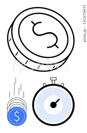 Financial management, time tracking, productivity, business efficiency, saving money, and budgeting. Coin with a dollar symbol and a stopwatch. Financial management and time tracking concept 141679435