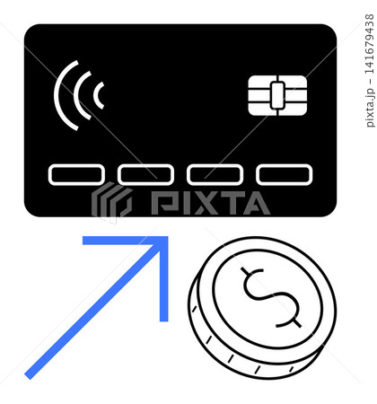 Digital payments, e-commerce, financial growth, cashless transactions, money savings, fintech. Black credit card, coin and blue upward arrow. Digital payments and financial growth concept Digital payments, e-commerce, financial growth, cashless transactions, money savings, fintech. Black credit card, coin and blue upward arrow. Digital payments and financial growth concept 141679438