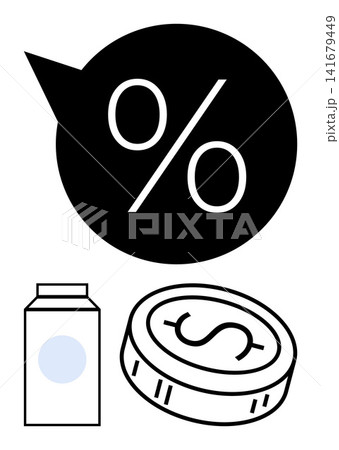 Discounts, savings, financial planning, price reduction, retail marketing, consumer spending. Black percent symbol inside a speech bubble, a coin and a milk carton. Discounts and savings concept Discounts, savings, financial planning, price reduction, retail marketing, consumer spending. Black percent symbol inside a speech bubble, a coin and a milk carton. Discounts and savings concept 141679449