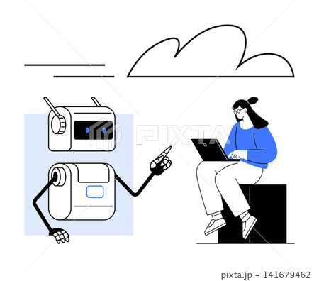 Artificial intelligence, remote work, innovation, education, robotics, collaboration. A robot gestures while a woman sits using a laptop under a cloud-thumbs up graphic. Artificial intelligence Artificial intelligence, remote work, innovation, education, robotics, collaboration. A robot gestures while a woman sits using a laptop under a cloud-thumbs up graphic. Artificial intelligence 141679462
