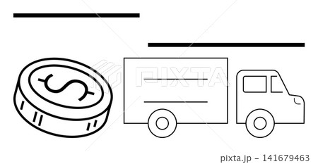 E-commerce, shipping, logistics, delivery, business finance, economic flow. Line art of a coin with dollar symbol and a delivery truck. E-commerce and shipping concepts illustrated 141679463
