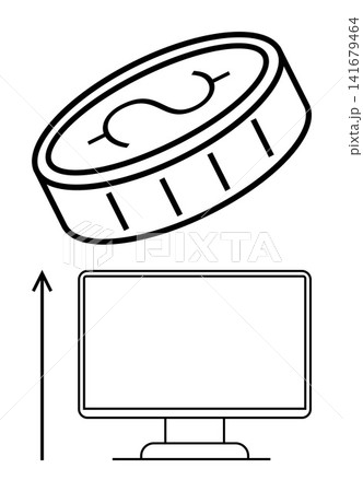 E-commerce, online payments, financial growth, digital economy, technology, business tools. A coin above a computer monitor with an upward arrow. E-commerce and online payments 141679464