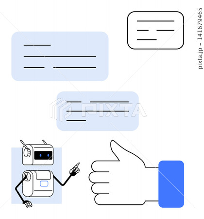 Artificial intelligence, digital communication, automation, technology integration, chatbot interaction, human-machine collaboration. A robot gestures towards messages and a thumbs-up icon Artificial intelligence, digital communication, automation, technology integration, chatbot interaction, human-machine collaboration. A robot gestures towards messages and a thumbs-up icon 141679465