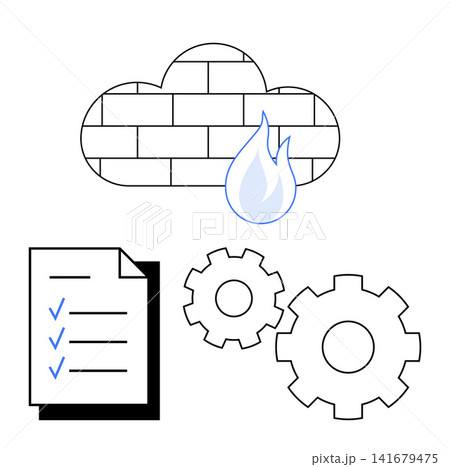Cloud security, cybersecurity, data protection, technology, automation, and task management. A firewall cloud, checklist with ticks and gears. Cloud security and cybersecurity Cloud security, cybersecurity, data protection, technology, automation, and task management. A firewall cloud, checklist with ticks and gears. Cloud security and cybersecurity 141679475