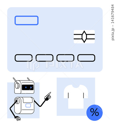 E-commerce, automation, online payments, retail transactions, smart shopping, sales discounts. Robot assistant pointing at icons for payment and clothing. E-commerce and online payments concept 141679484