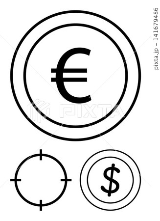 Financial transactions, currency exchange, economic analysis, commerce, global economy, business applications. Circular icons with euro, dollar signs and target focus. Currency exchange 141679486