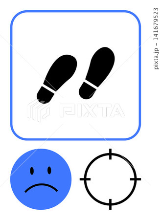 Emotions, decision-making, movement, goal-setting, navigation, personal challenges. Black shoe prints, frowning face and a circular target sign. Emotions and decision-making in conceptual design Emotions, decision-making, movement, goal-setting, navigation, personal challenges. Black shoe prints, frowning face and a circular target sign. Emotions and decision-making in conceptual design 141679523